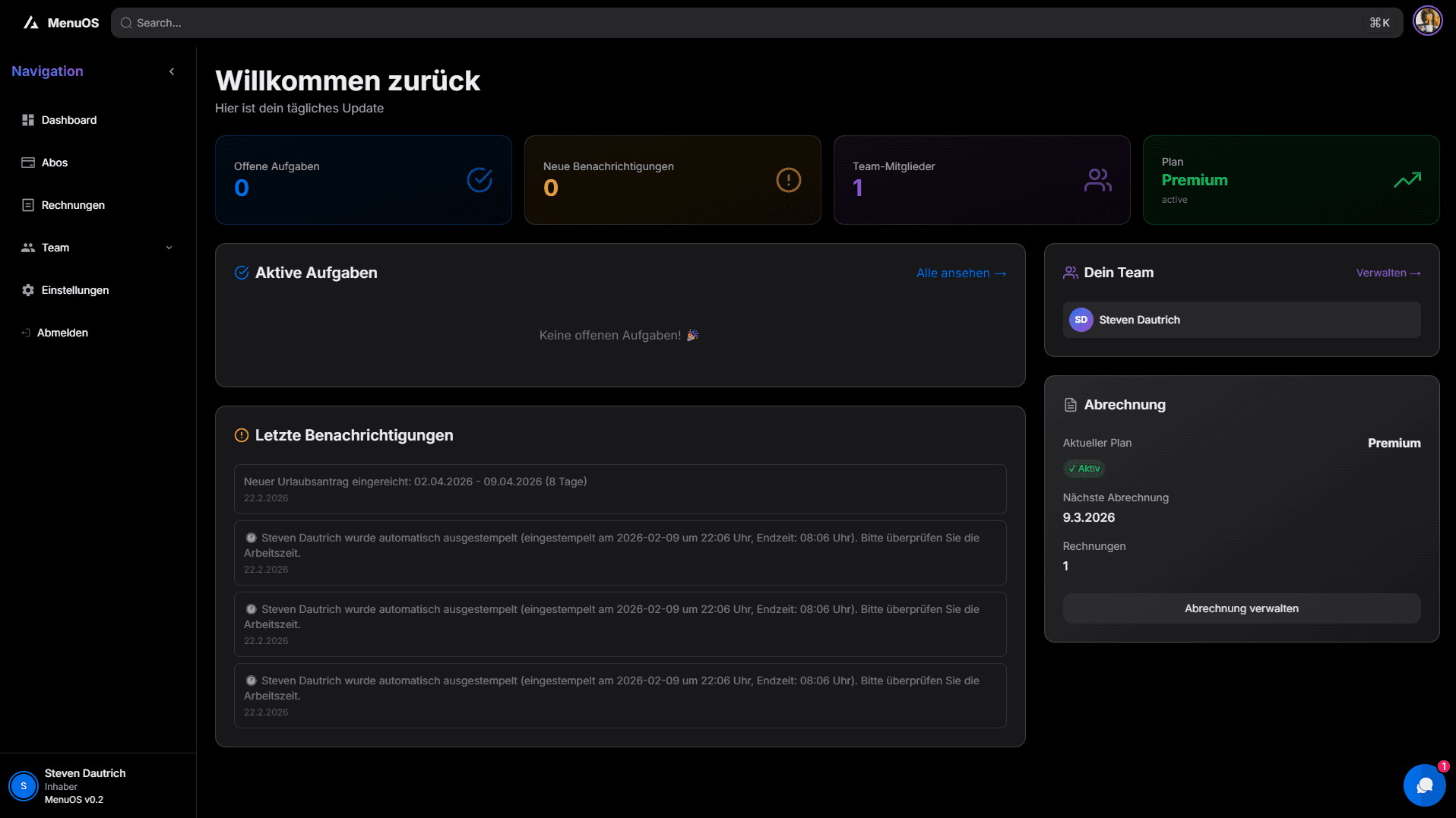 MenuOS Dashboard – Dienstplanung, Zeiterfassung, Aufgaben und Online-Speisekarte