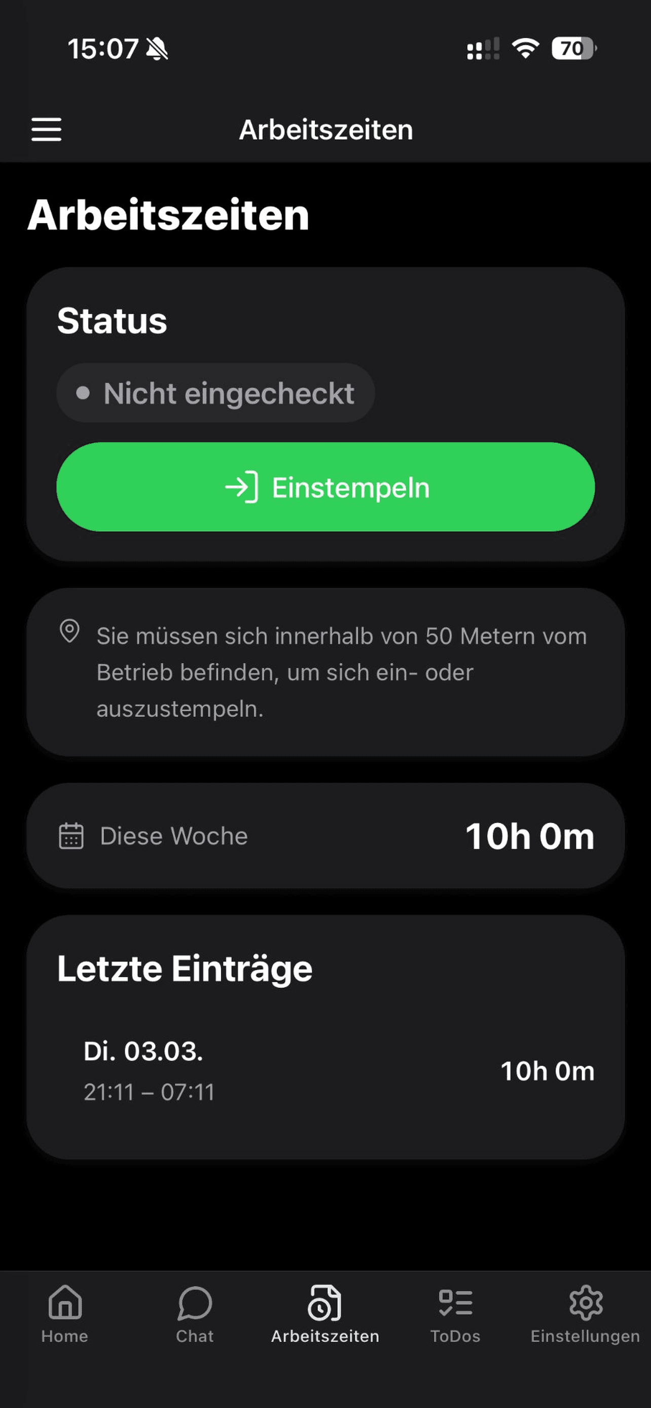 MenuOS-App zur Zeiterfassung mit Einstempeln, Wochenstunden und Zeiteinträgen