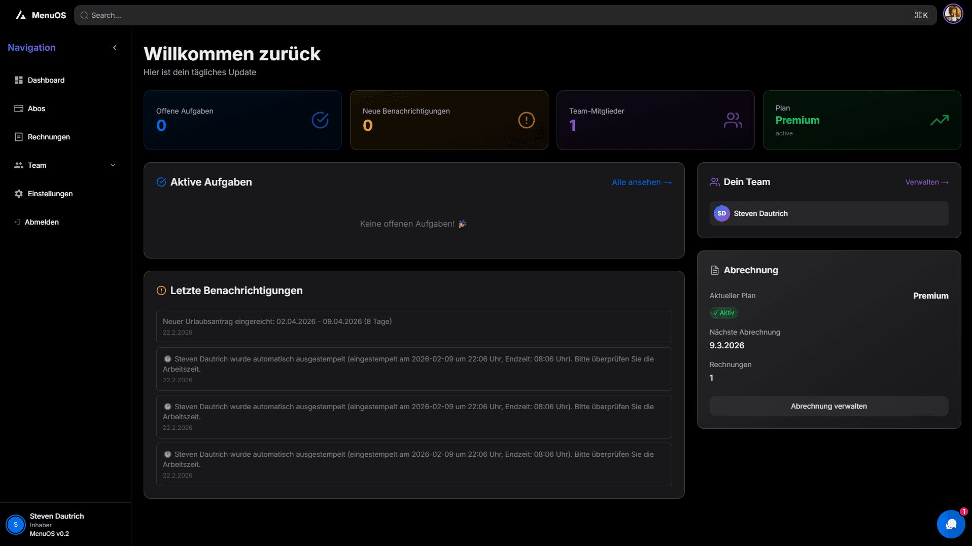 MenuOS-Dashboard mit zentraler Übersicht für Team, Aufgaben und Betrieb