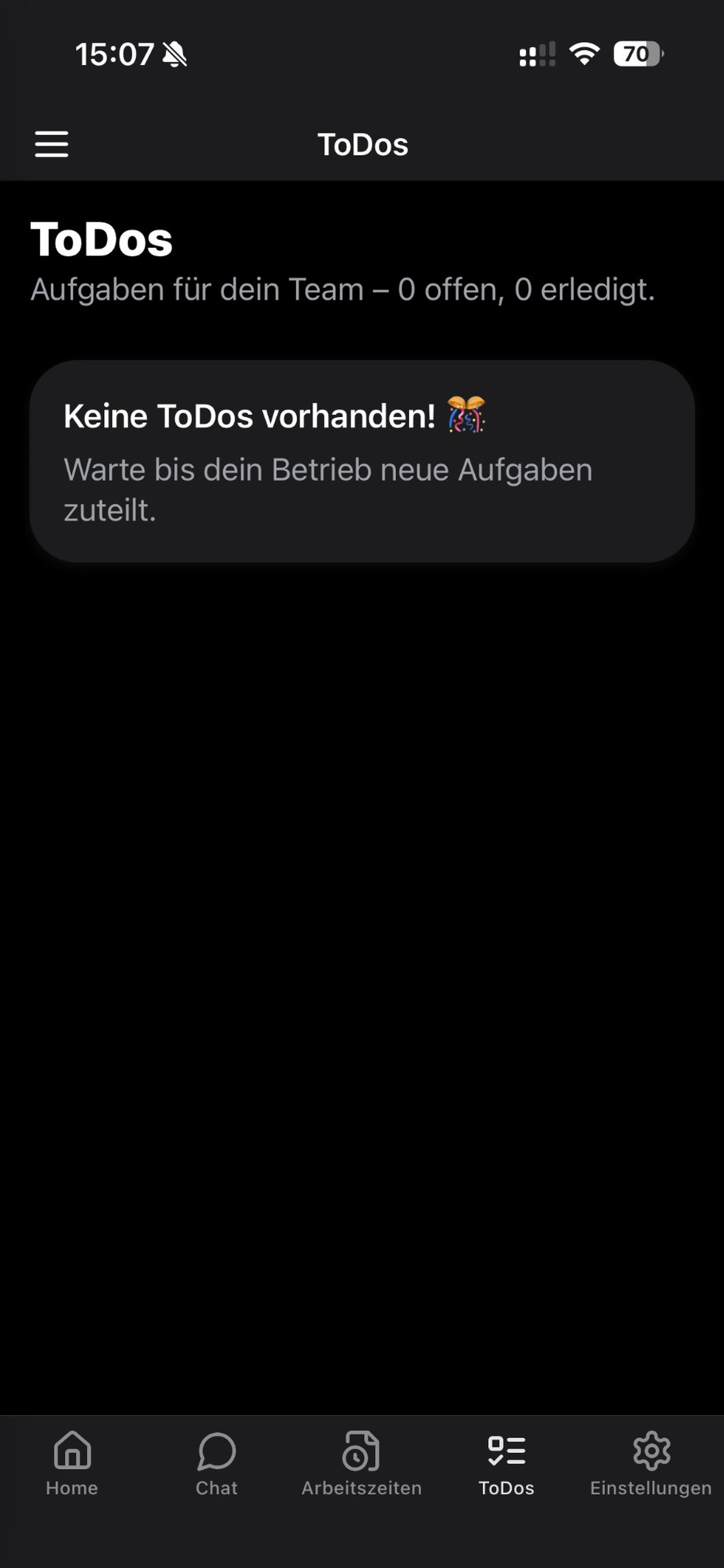 MenuOS App – Arbeitszeiten Ansicht