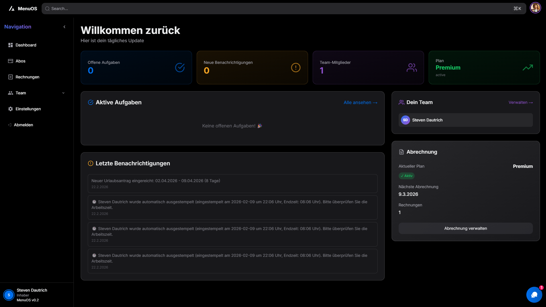 MenuOS Dashboard – Dienstplanung und Zeiterfassung für Restaurants